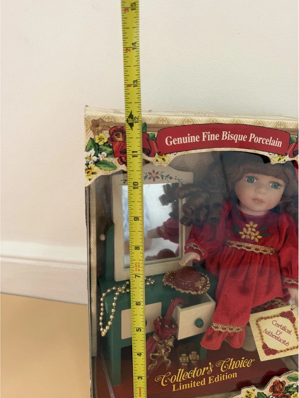Collectors Choice Genuine Bisque Porcelain Doll With Wood Dressing Table W/COA